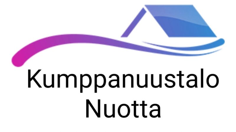 Nuotan logo, talon katto ja virtaava viiva liukuvärinä magenta punaisesta, alla teksti kumppanuustalo nuotta siniseen