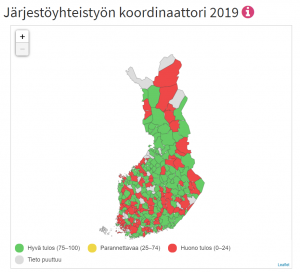 Kuntien järjestöyhteistyön koordinaattorit kartalla 2019