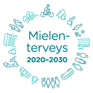 Turkoosin kuvan keskellä teksti Mielenterveys 2020-2030. Tekstin ympärillä ympyrän muodossa eri-ikäisiä ihmisiä seisomassa ja liikkumassa polkupyörällä ja pyörätuolilla sekä kuusia, kerrostaloja, bussi ja juna.