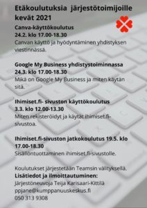 etäkoulutusten päivämäärät ja kuvaukset